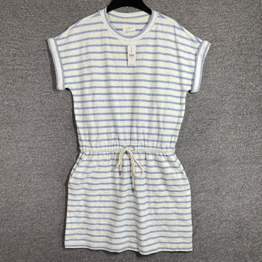 Lou & Grey Blue White Striped Drawstring Waist Pocket T-Shirt Dress Medium NWT